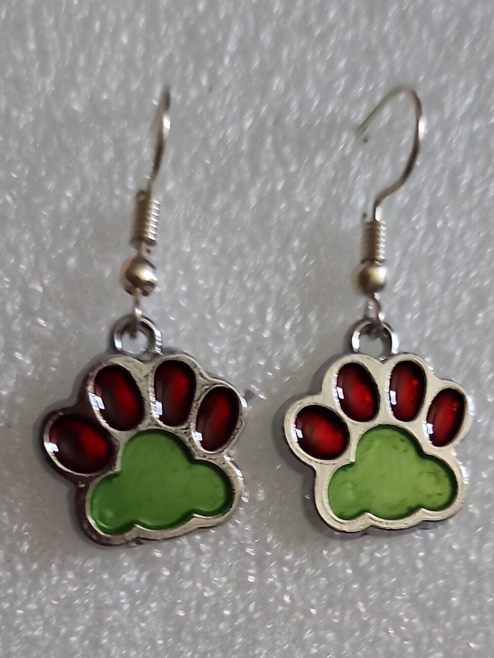 Hand Crafted Red and Green Enamel Paw Print Drop Earrings